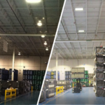 before and after of LED lighting in a warehouse with a forklift