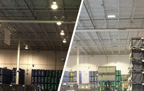 before and after of LED lighting in a warehouse with a forklift