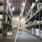 before and adter of LED lighting by warehouse shelves