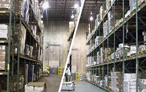 before and adter of LED lighting by warehouse shelves