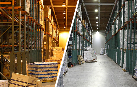 before and after warehouse LED lighting